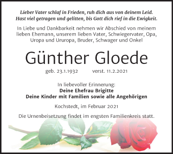 Traueranzeige von Günther Gloede von Mitteldeutsche Zeitung Dessau-Roßlau