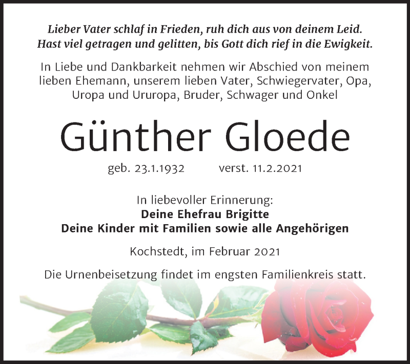  Traueranzeige für Günther Gloede vom 16.02.2021 aus Mitteldeutsche Zeitung Dessau-Roßlau
