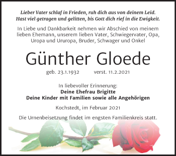 Traueranzeige von Günther Gloede von Super Sonntag Dessau-Roßlau