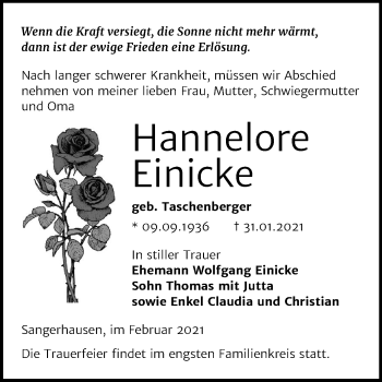 Traueranzeige von HAnnelore Einicke von Super Sonntag Sangerhausen