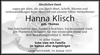 Traueranzeige von Hanna Klisch von Mitteldeutsche Zeitung Merseburg/Querfurt