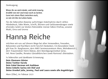 Traueranzeige von Hanna Reiche von Super Sonntag Köthen