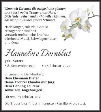 Traueranzeige von Hannelore Dornblut von Super Sonntag Weißenfels