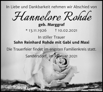 Traueranzeige von Hannelore Rohde von Mitteldeutsche Zeitung Bitterfeld / Weißenfels