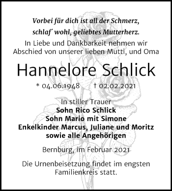 Traueranzeige von Hannelore Schlick von Super Sonntag Bernburg