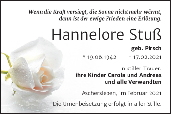 Traueranzeige von Hannelore Stuß von Super Sonntag Aschersleben