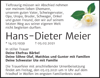 Traueranzeige von Hans-Dieter Meier von Mitteldeutsche Zeitung Bitterfeld