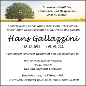 Traueranzeige von Hans Gallazzini von Mitteldeutsche Zeitung Sangerhausen