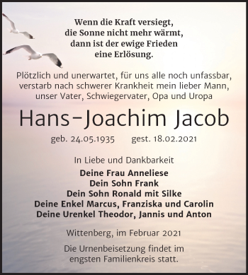 Traueranzeige von Hans-Joachim Jacob von Mitteldeutsche Zeitung Wittenberg