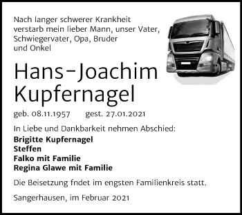 Traueranzeige von Hans-Joachim Kupfernagel von Super Sonntag Sangerhausen