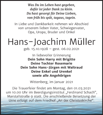 Traueranzeige von Hans-Joachim Müller von Mitteldeutsche Zeitung Wittenberg