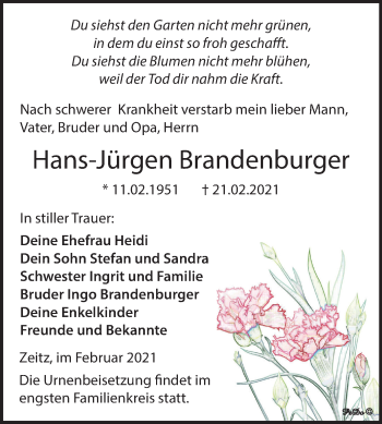 Traueranzeige von Hans-Jürgen Brandenburger von Super Sonntag Zeitz