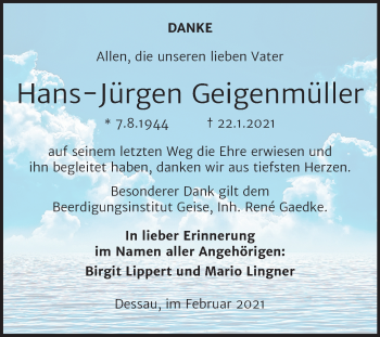 Traueranzeige von Hans-Jürgen Geigenmüller von Super Sonntag Dessau-Roßlau