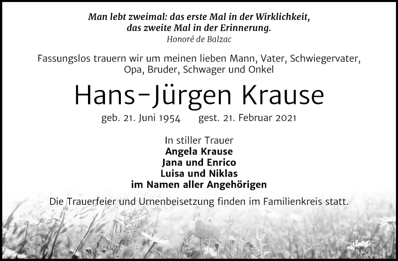  Traueranzeige für Hans-Jürgen Krause vom 26.02.2021 aus Mitteldeutsche Zeitung Köthen