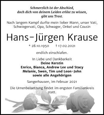 Traueranzeige von Hans-Jürgen Krause von Super Sonntag Sangerhausen