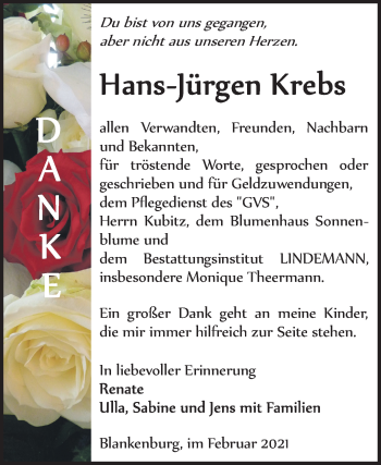 Traueranzeige von Hans-Jürgen Krebs von Mitteldeutsche Zeitung Quedlinburg