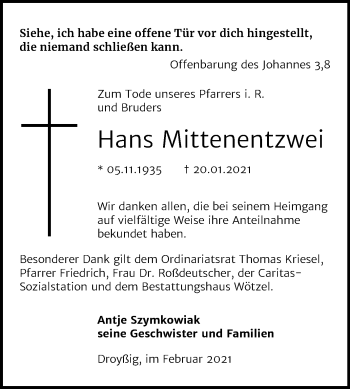 Traueranzeige von Hans Mittenentzwei von Mitteldeutsche Zeitung Zeitz