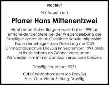 Traueranzeige von Hans Mittenentzwei von Mitteldeutsche Zeitung Zeitz / Naumburg/Nebra