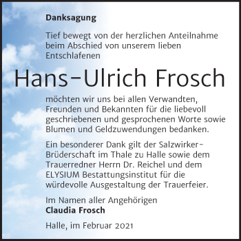 Traueranzeige von Hans-Ulrich Frosch von Mitteldeutsche Zeitung Halle/Saalkreis