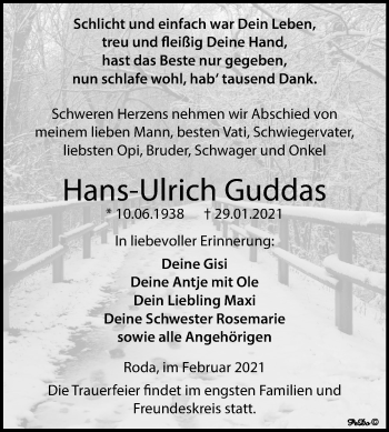 Traueranzeige von Hans-Ulrich Guddas von Super Sonntag Zeitz