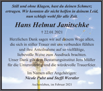 Traueranzeige von Hans Helmut Janitschke von Mitteldeutsche Zeitung Aschersleben