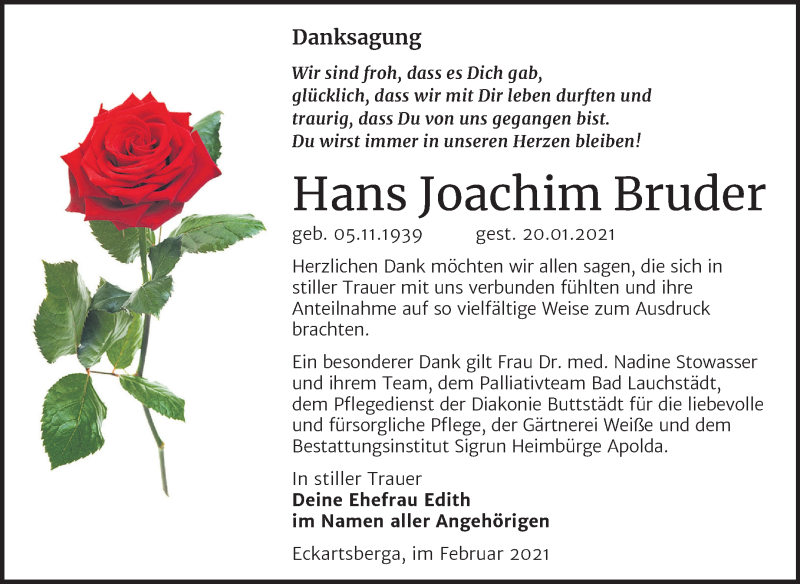  Traueranzeige für Hans Joachim Bruder vom 27.02.2021 aus Super Sonntag Naumburg/Nebra