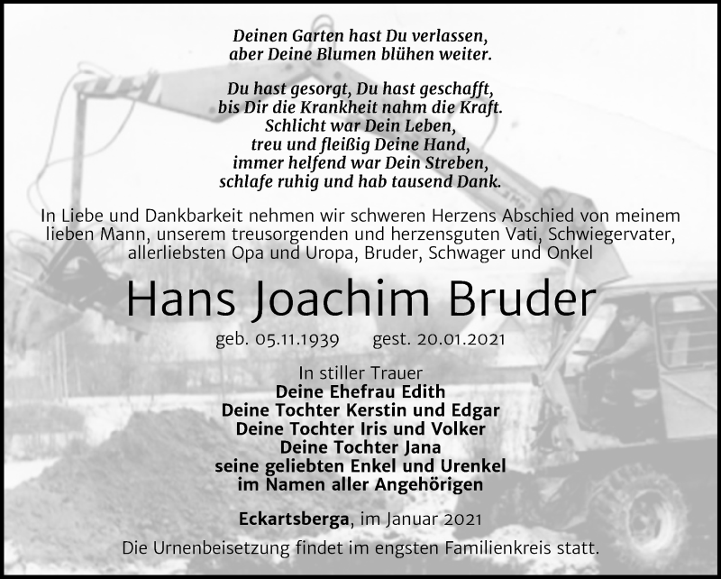  Traueranzeige für Hans Joachim Bruder vom 06.02.2021 aus Super Sonntag Naumburg/Nebra