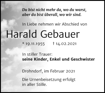 Traueranzeige von Harald Gebauer von Super Sonntag Aschersleben