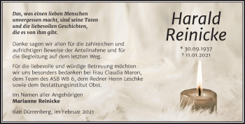 Traueranzeige von Harald Reinicke von Super Sonntag Merseburg/Querfurt