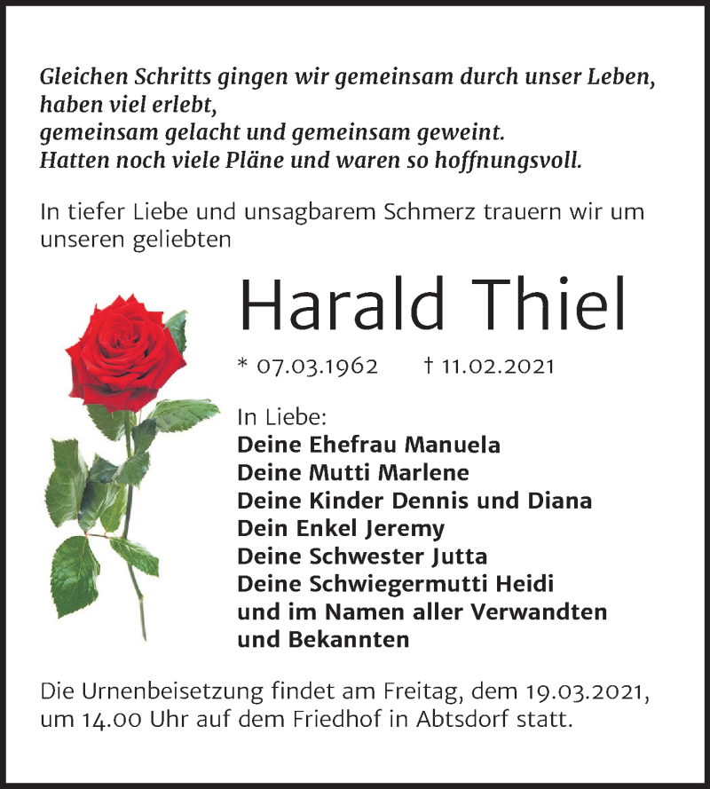  Traueranzeige für Harald Thiel vom 20.02.2021 aus Super Sonntag Wittenberg