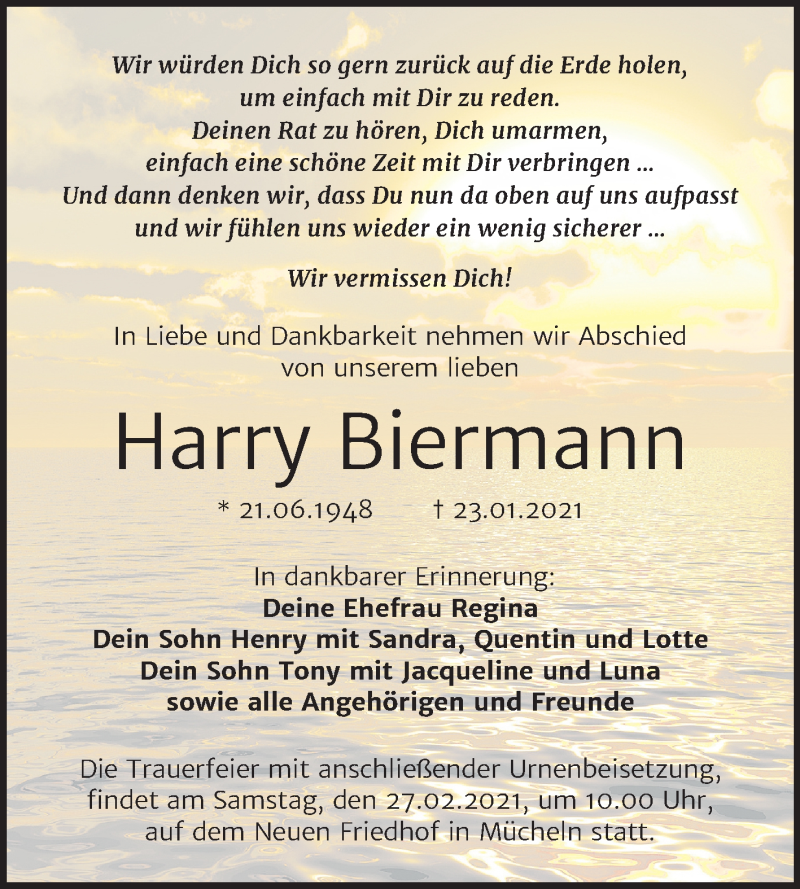  Traueranzeige für Harry Biermann vom 06.02.2021 aus Mitteldeutsche Zeitung Merseburg/Querfurt