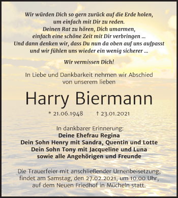 Traueranzeige von Harry Biermann von Mitteldeutsche Zeitung Merseburg/Querfurt
