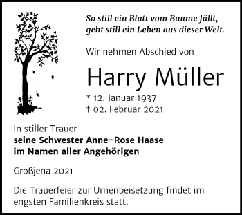 Traueranzeige von Harry Müller von Mitteldeutsche Zeitung Naumburg/Nebra