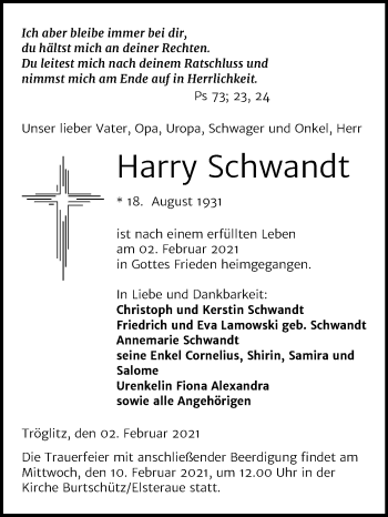 Traueranzeige von Harry Schwandt von Mitteldeutsche Zeitung Zeitz