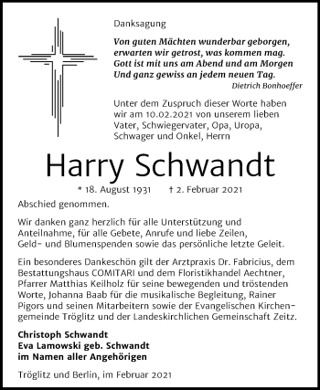 Traueranzeige von Harry Schwandt von Mitteldeutsche Zeitung Zeitz