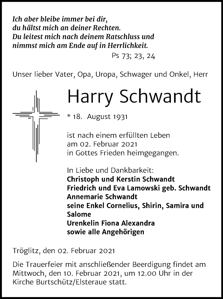  Traueranzeige für Harry Schwandt vom 06.02.2021 aus Super Sonntag Zeitz