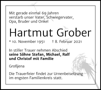 Traueranzeige von Hartmut Grober von Mitteldeutsche Zeitung Naumburg/Nebra