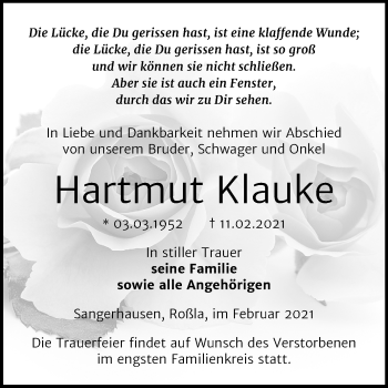 Traueranzeige von Hartmut Klauke von Mitteldeutsche Zeitung Sangerhausen