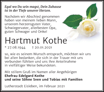 Traueranzeige von Hartmut Kothe von Super Sonntag Mansfelder Land