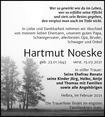 Traueranzeige von Hartmut Noeske von Mitteldeutsche Zeitung Mansfelder Land