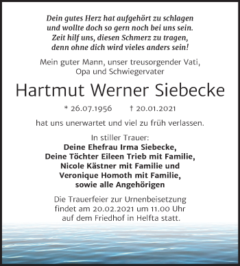 Traueranzeige von Hartmut Werner Siebecke von Super Sonntag Mansfelder Land