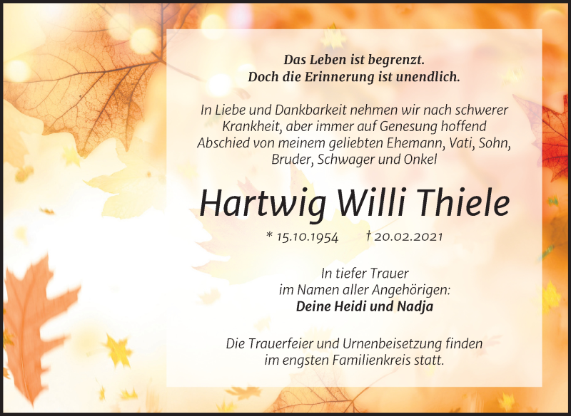  Traueranzeige für Hartwig Willi Thiele vom 24.02.2021 aus Mitteldeutsche Zeitung Köthen
