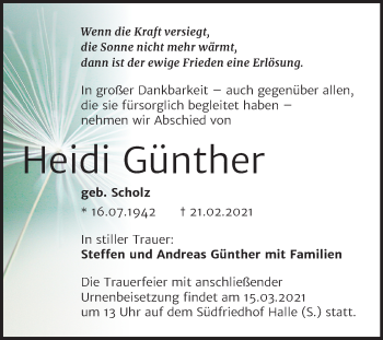 Traueranzeige von Heidi Günther von Mitteldeutsche Zeitung Halle/Saalkreis