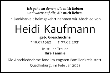 Traueranzeige von Heidi Kaufmann von Mitteldeutsche Zeitung Quedlinburg