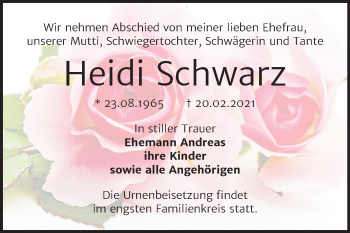 Traueranzeige von Heidi Schwarz von Super Sonntag Bernburg