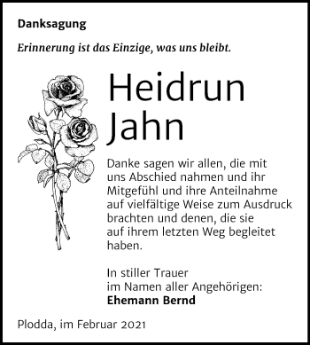 Traueranzeige von Heidrun Jahn von Mitteldeutsche Zeitung Bitterfeld