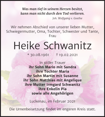 Traueranzeige von Heike Schwanitz von Mitteldeutsche Zeitung Zeitz