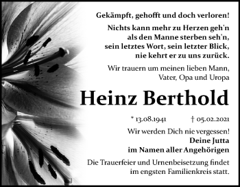 Traueranzeige von Heinz Berthold von Mitteldeutsche Zeitung Bitterfeld
