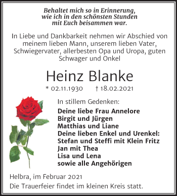 Traueranzeige von Heinz Blanke von Mitteldeutsche Zeitung Mansfelder Land