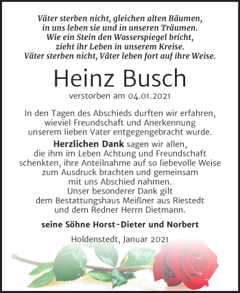 Traueranzeige von Heinz Busch von Super Sonntag Sangerhausen